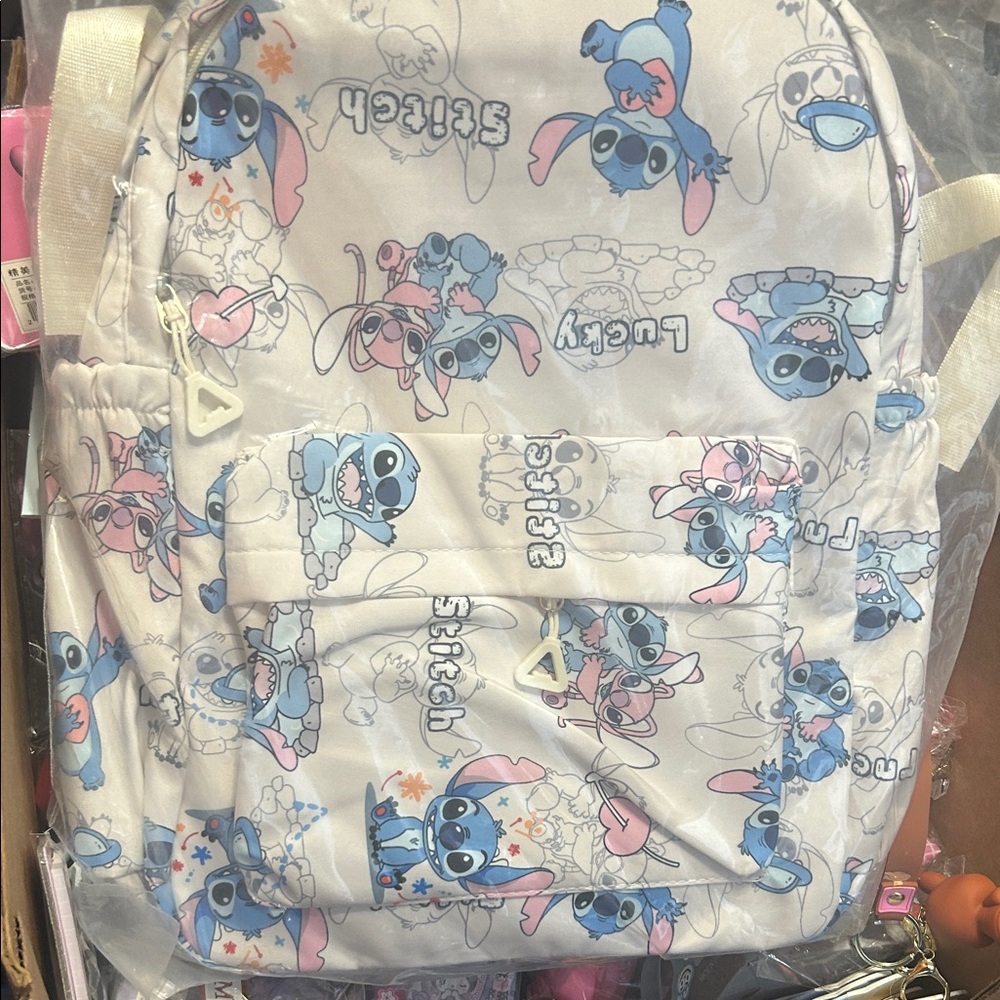 Stitch Print White Backpack - Cute Blue & Pink Pattern